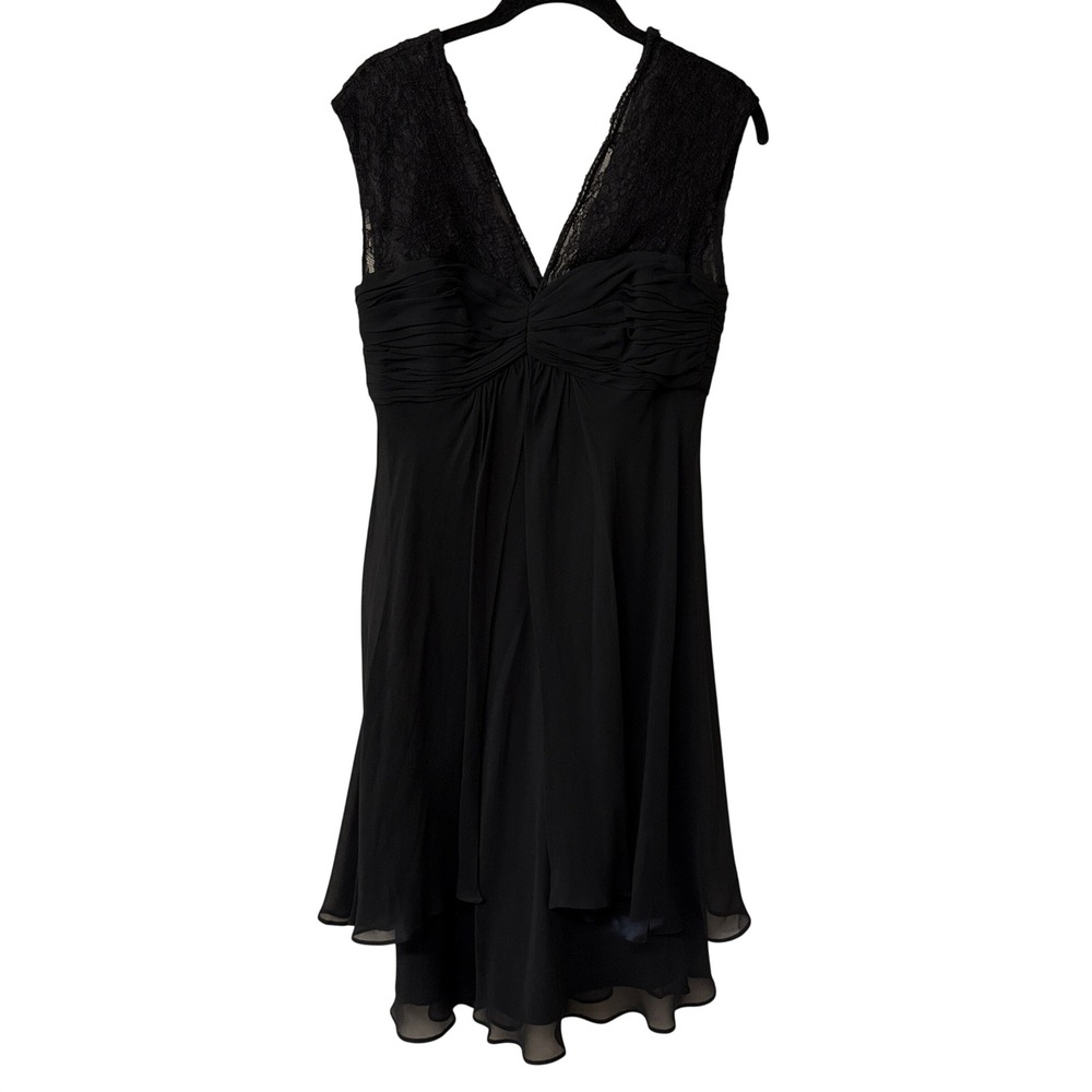 Donna Ricco Women Silk Lace V-Neck Dress Size 8 Black Ruched Handkerchief Hem